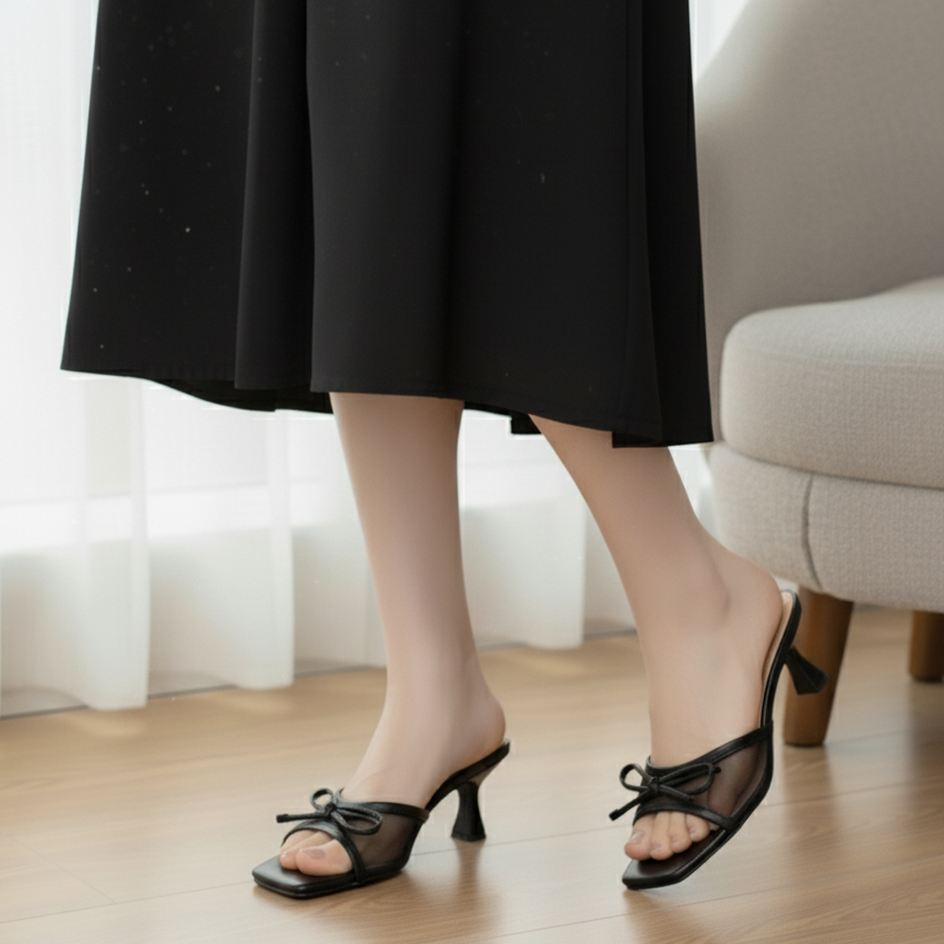 Natalia Net Bow Heel (Black)